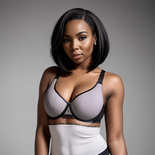 Black and white image of Ashanti Wearing a grey tank top and black bra and has a sleek middle part bob hair