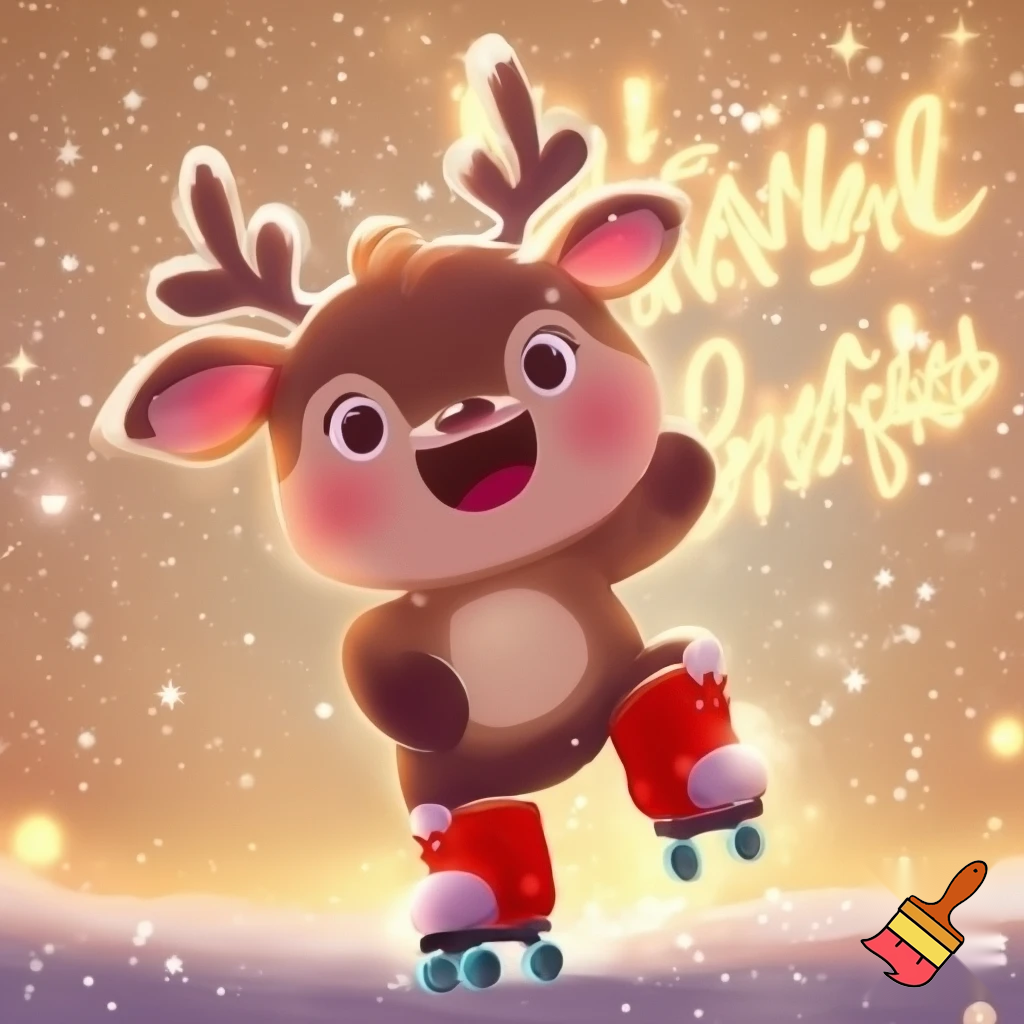Cc.  crea ’illustrazione in stile disegno/cartoon, pensata per bambini, con: una renna simpatica che indossa pattini a rotelle atmosfera natalizia (neve, lucine, colori caldi) stile dolce, allegro e giocoso scritta ben leggibile “Buon Natale!