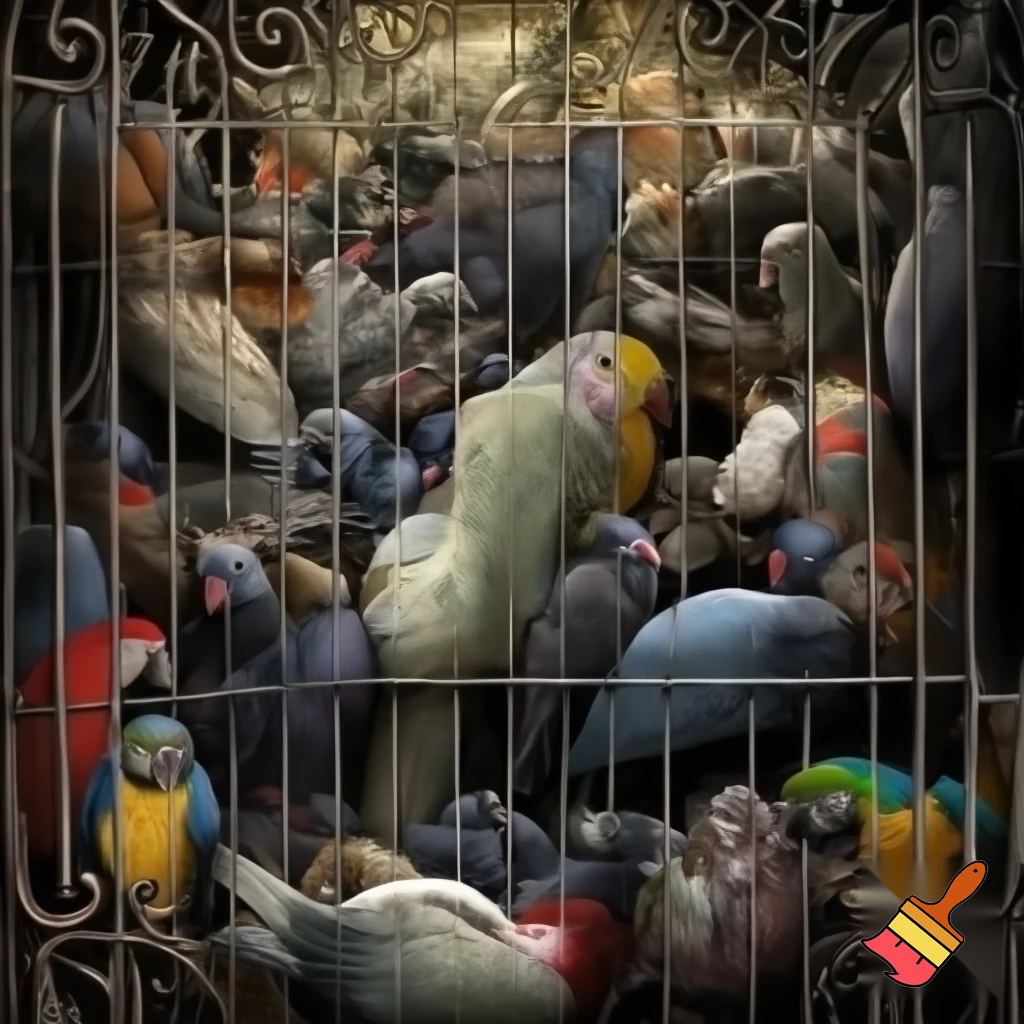 pile Of birds in one big cage