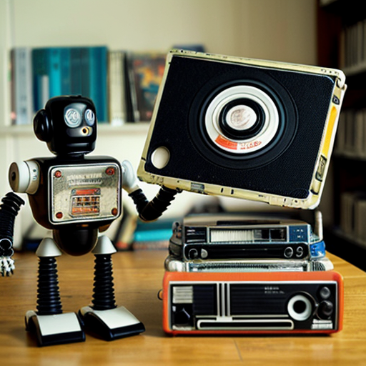 Rétro robot with a vhs tape as a head, a speaker for a body and a vinyl for a wheel