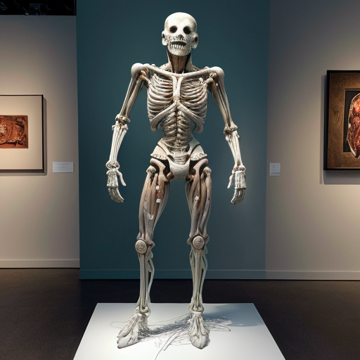 A high-resolution, detailed photograph capturing a complex, visceral biomechanical sculpture and human subject within a contemporary art gallery setting. The central figure is a large, elaborate sculpture constructed from exposed anatomical textures, deep red meat, bone, and intricate wiring, featuring multiple multi-jointed human heads and torsos with agape, screaming mouths, suspended and framed by white PVC piping and supports. The sculpture rests on a distressed white plinth with wheels. Standing next to it is a underground humanoid cannibal wearing a light blue face mask, a black long-sleeved shirt, dark jeans, and grey sneakers. In the foreground, another sculpture covered in a white cloth is visible. The gallery walls are mint green, and a large, framed classical painting is on the wall behind the sculpture. The scene has even, diffused lighting that highlights every extreme detail and texture, making the gore and materials look palpably real."
