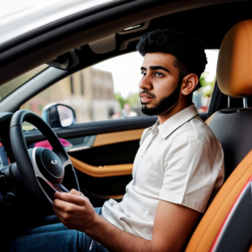 Pixar-style 3D cartoon, young Muslim man, 20 years old, beard, short hair, white shirt, black jeans, sitting in a car at the driver's seat, holding phone to his ear, looking at the road, attentive, no headphones or other gadgets, big expressive cartoon eyes, friendly face, city visible through car windows, bright friendly colors, cinematic lighting, simple cartoon style