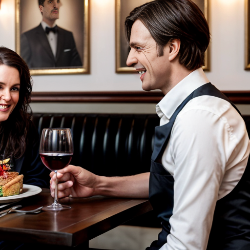 Aus einer anarchischen Komödie aus den 1970ern: In einem Luxusrestaurant: Ein skurriles älteres elegant gekleidetes Paar sitzt an einem Tisch und diniert, ein elegant gekleideter kauziger Kellner steht am Tisch und berät das Paar bezüglich des Weines. Lustige, komische Athmosphäre, weiches Tageslicht im Raum. 