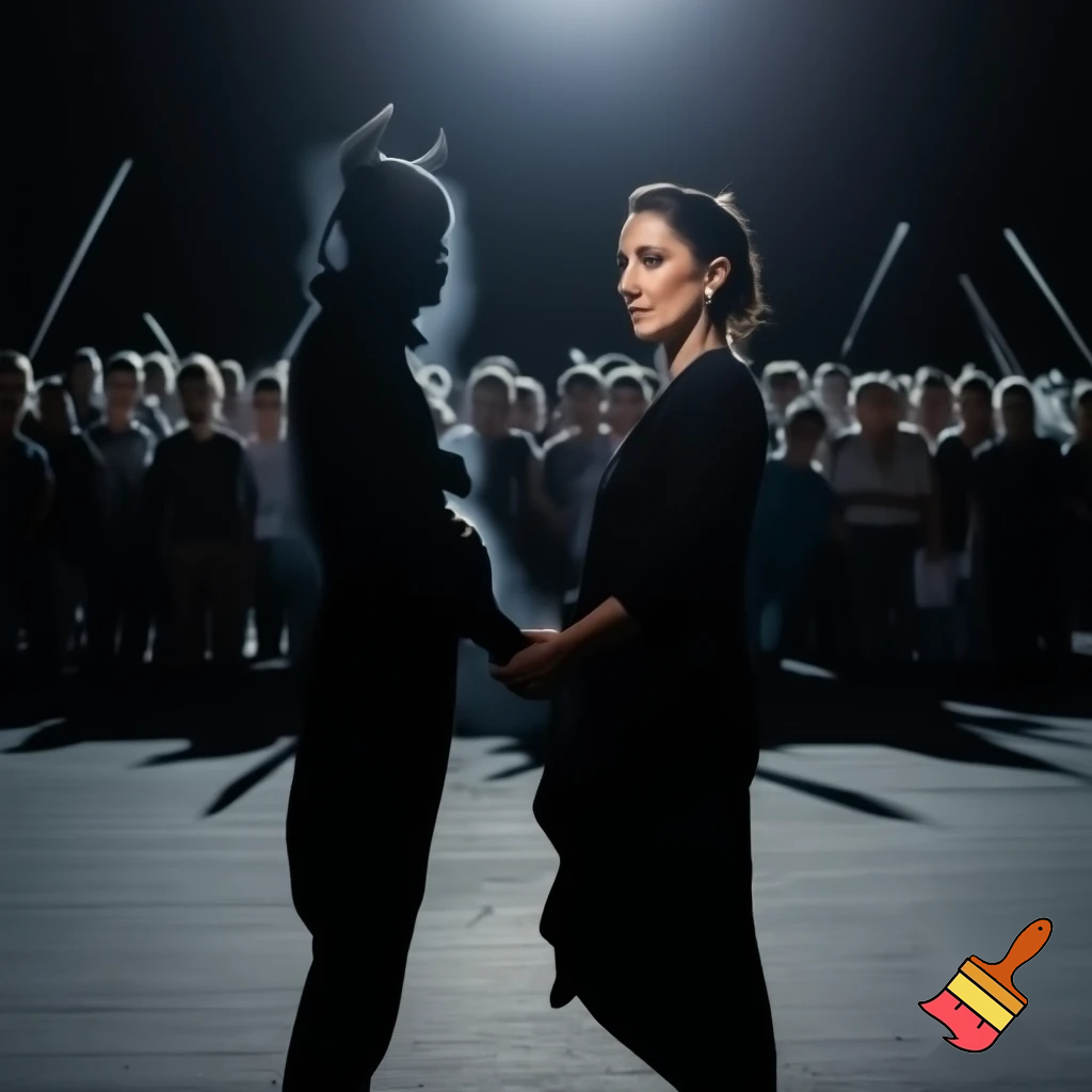 claudia sheinbaum holding hands with the devil and smiling, full body, and deep down people smiling with long weapons