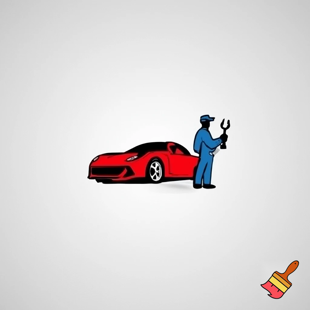 Erstelle ein Logo mit einem weißem Hintergrund. Es soll ein rotes Auto zusehen sein. Rechts daneben steht ein Mechaniker in blau gekleidet und einem Schraubenschlüssel in der Hand.