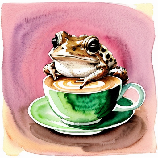 A hillarious, funny boho toad with some hippie colored coffee cups. Psychedelic decorated background. Pop Art  Hard Style.