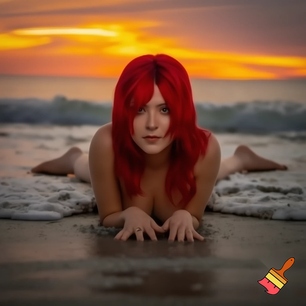Ragazza dai capelli rossi distesa al tramonto su una spiaggia, bagnata dalle onde sul suo corpo nudo. Vista frontale, la ragazza ha le gambe aperte i capelli sono mossi 