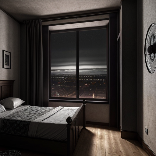 Slow zoom toward glowing hostel room window, surrounding darkness, distant wind sounds, creepy atmosphere