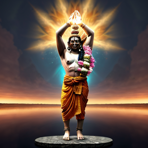 Here is 1 viral AI image prompt similar to your image:

Prompt:

Divine cinematic artwork of Lord Rama standing in a powerful pose, glowing blue skin, holding a sacred bow, wearing orange dhoti and floral garland, bright golden aura radiating behind him. A colossal spiritual form of Hanuman appears in the sky behind with folded hands in devotion, calm yet powerful expression, gada resting near his shoulder. Ancient glowing Sanskrit mandala forming a circle around Rama, floating stones, sparks and petals in the air, dramatic cloudy sky, fire light beneath his feet reflecting on water, epic mythology atmosphere, ultra detailed, god rays, volumetric lighting, hyper realistic, 8K, sharp focus, cinematic composition, trending on ArtStation, masterpiece.

Negative Prompt:
low quality, blurry, extra arms, bad anatomy, distorted face, watermark, text, cropped, oversaturated.