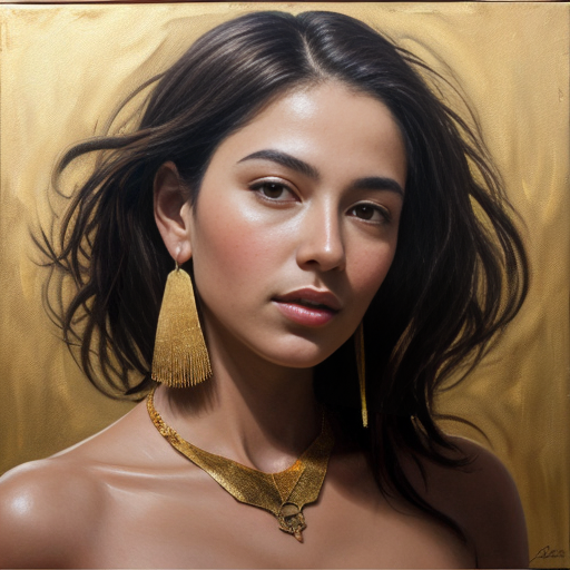 Ultra-realistic oil painting portrait of a confident young Black woman with voluminous curly dark hair accented with thick, textured gold paint strokes, wearing long gold drop earrings and an ornate multi-strand gold statement necklace with large circular pendants, dressed in a thin-strapped 
gold metallic satin-top. She has warm deep brown skin with smooth, blended oil paint brushstrokes defining her full lips, and sharp dark eyebrows, with direct eye contact toward the viewer. 
The background is a textured gold canvas with visible thick, expressive impasto brushstrokes in varying shades of warm gold and deep bronze. 
Medium close-up shot, eye-level camera angle, centered composition, soft directional side lighting creating warm specular highlights on her skin, jewelry, and hair, with soft, blended shadows that enhance the dimensionality of the paintwork. A rich, warm color palette of browns, warm gold, and amber characterizes this luxurious, high-quality artistic style in the spirit of Lee Bogle.
The pronounced impasto texture of the oil painting permeates the entire artwork. The atmosphere feels atmospheric, majestic, and elegant. High resolution, sharp detailed brushwork.  
