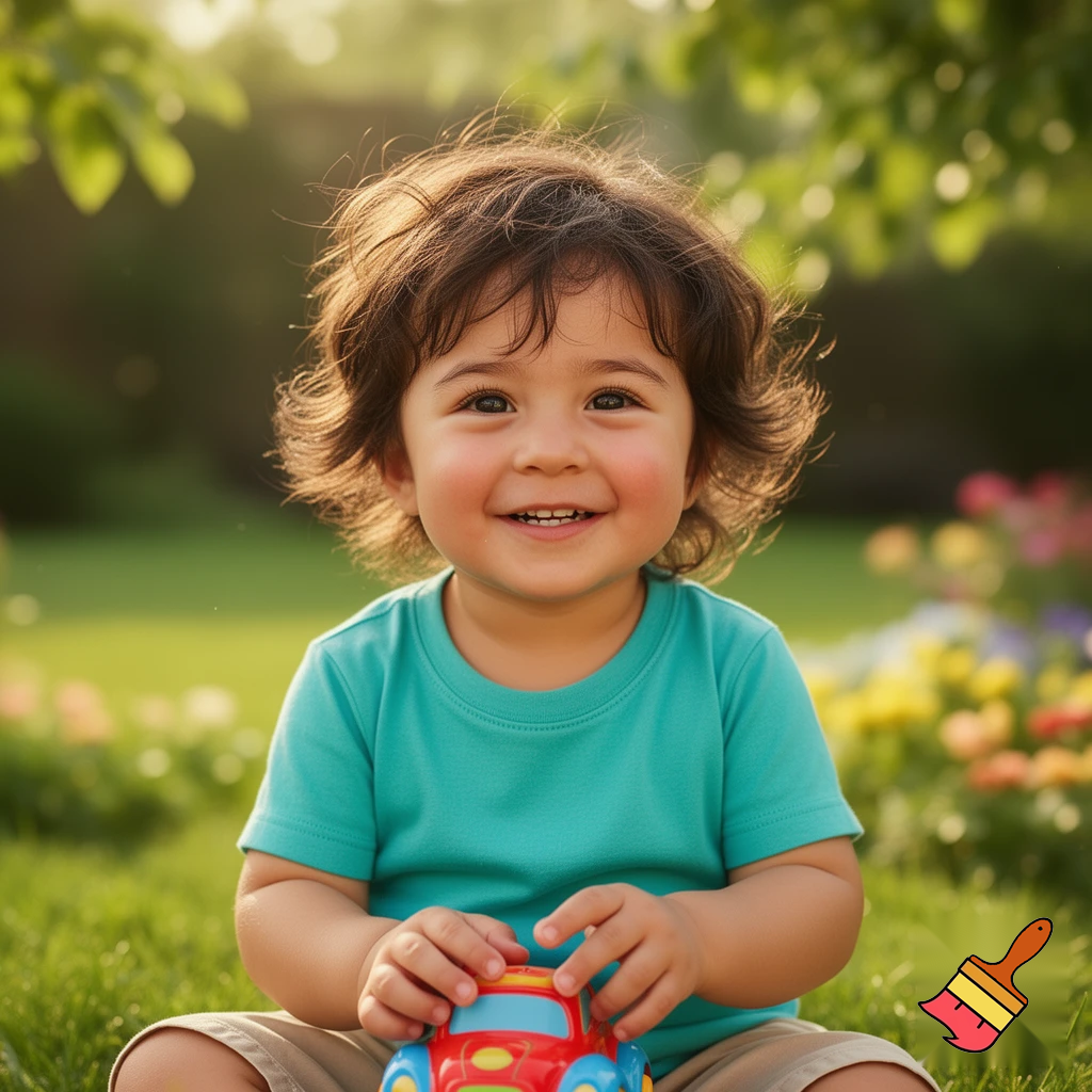 create a 2-year-old boy with dark brown hair also make him kind of tan 