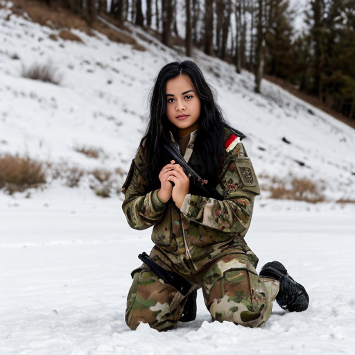 realistic colours, zoomed out veiw. large eyes looking to the left behind the camera, long black hair, red eyes, 19 years old girl. wearing white military camo clothing, jacket and pants  with british sas flag on the sleeve, kneeling in snow, holding a rifle. anime stye 