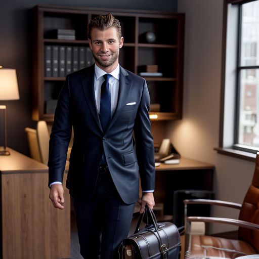 Create a cinematic fashion image of a confident man aged 30–45, wearing a tailored dark suit and carrying the **Fasano Executive Briefcase** in **Ebony Black** full-grain leather. The model should have a calm, professional demeanor, with a slight smile and confident posture. He is walking through an elegant law office, with a polished wooden desk, bookshelves, and soft ambient lighting in the background. 

The focus should be on the model’s sophisticated appearance and the sleek design of the **Fasano Executive Briefcase**, with the bag’s brushed palladium hardware reflecting the soft light. The office background should feature rich textures like leather chairs, a modern desk, and subtle touches of luxury, such as framed legal books and a polished pen. The lighting should be warm, with a mix of soft natural light from the window and ambient artificial lighting to create a refined atmosphere.

The composition should highlight the leather texture, the fine details of the bag, and the overall luxurious yet professional look.
