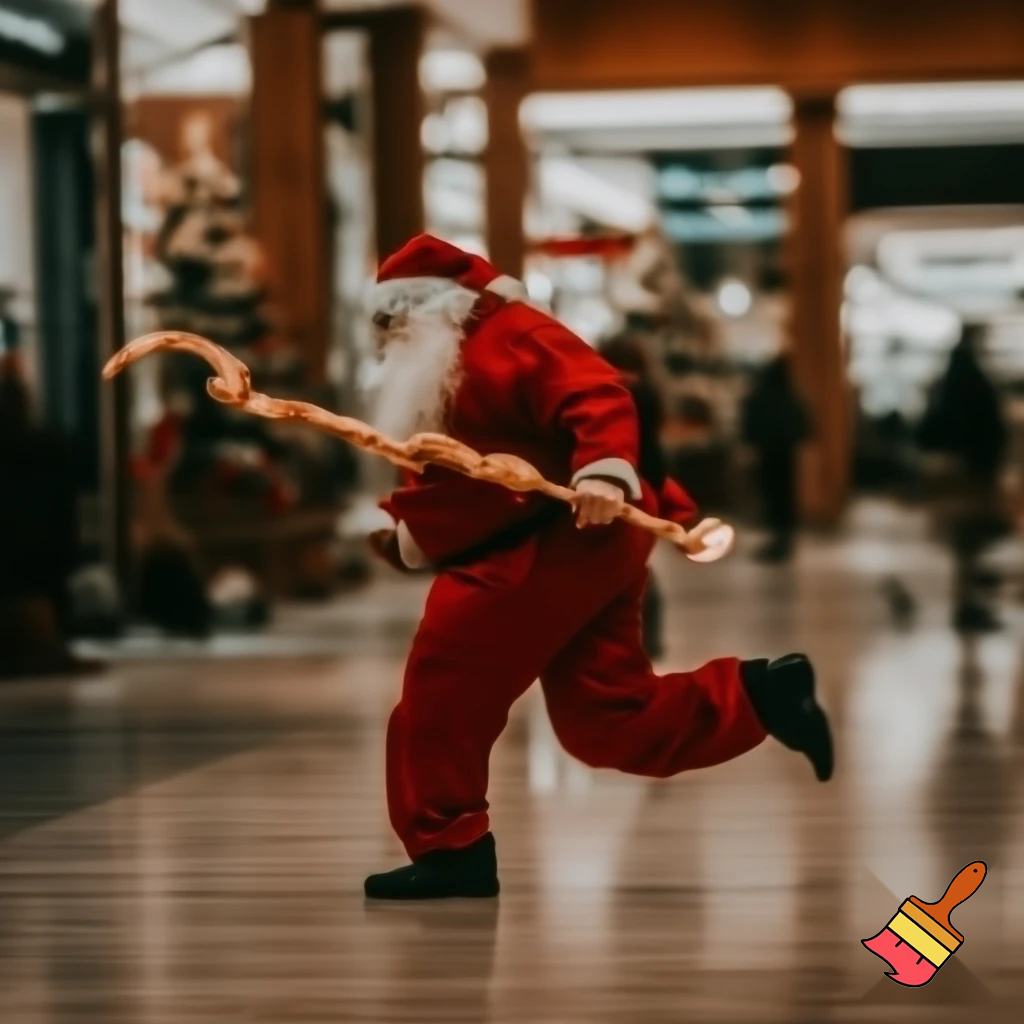 Santa Claus running with the walking stick running with his magic walking stick walking in the shopping centre with the walking stick magic staff walking stick affectation