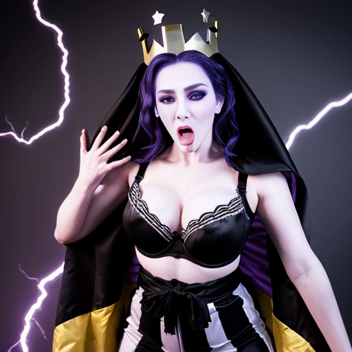 90's disney's 2d aladdin style comic dark blue background of panel 1 evil queen barefoot with purple and black striped harem pants and purple and black striped bra with both hand palms place together and hiding the bottom of her mouth with a purple and black striped veil wrapped around her arms. panel 2 she danced barefoot with purple and black striped harem pants and purple and black striped bra and purple and black striped veil covering her shoulders and arms and raising legs and bounced up and down her belly and which causes an electric discharge to form which transforms her purple and black striped veil from shoulders and arms into a bolt of lightning. Panel 3 which tye evil queen barefoot with purple and black striped harem pants and purple and black striped bra grabs the lightning bolt from her shoulders and arms with one hand. panel 4 then the evil queen barefoot with purple and black striped harem pants and purple and black striped bra rubs the lightning bolt on her butt with the lightning bolt against her butt and shook her hips left and right. panel 5 then as the evil queen barefoot with purple and black striped harem pants and purple and black striped bra still shook her butt left and right she turns and her butt is now facing the viewer while rubbing the lighting bolt with her.