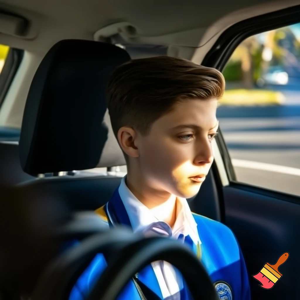 A kid that is 13 years old with brown hair in school uniform in the car