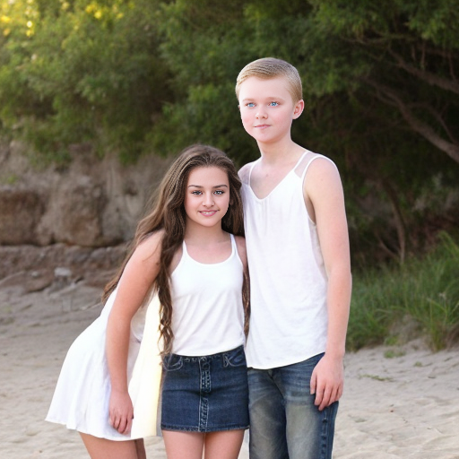 A girl who is 16 with brunette hair with lighter highlights and she has beach curls .she also has brown eyes  She is wearing a white mini dress with thin straps. There is her brother a 14 year old boy the same height as her and he has curly brunett hair and brown eyes. He is wearing a white shirt and blue jeans. There is another girl who is 10 and she is wearing a pink tank top with a white mini skirt she also has blonde hair and blue eyes .she is shorter than both of the other people.They are all siblings. Also make it look like a realistic photo