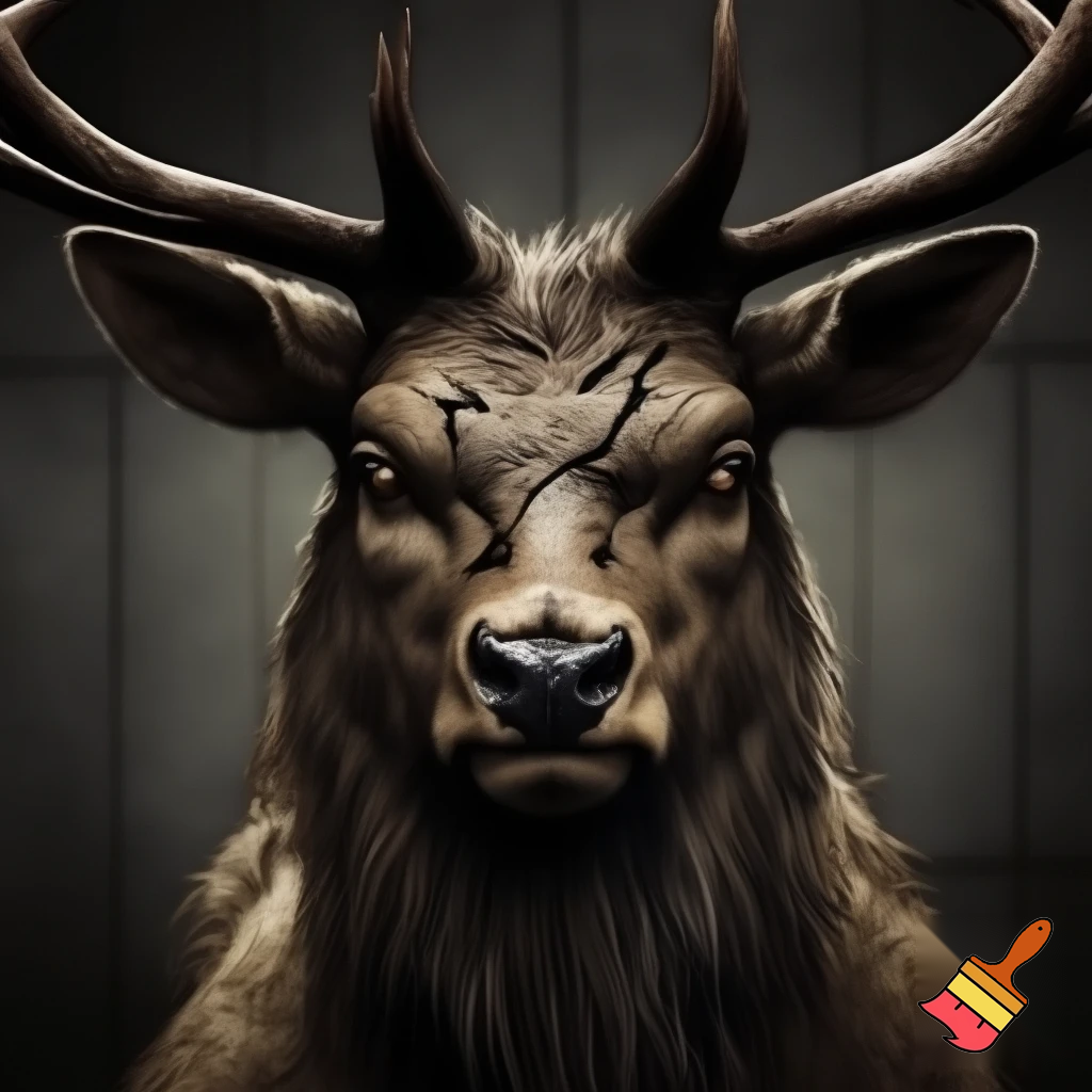 picture of a mugshot deer with scars and a serious face