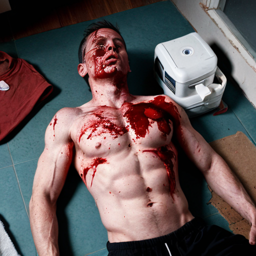 shirtless random man (neighbor, not everyone has 6 pack.), face are hiding by shirt, died already, chest are open wounded circle, blood everywhere, eye closed, floor (on random place like empty place) on corpse body.