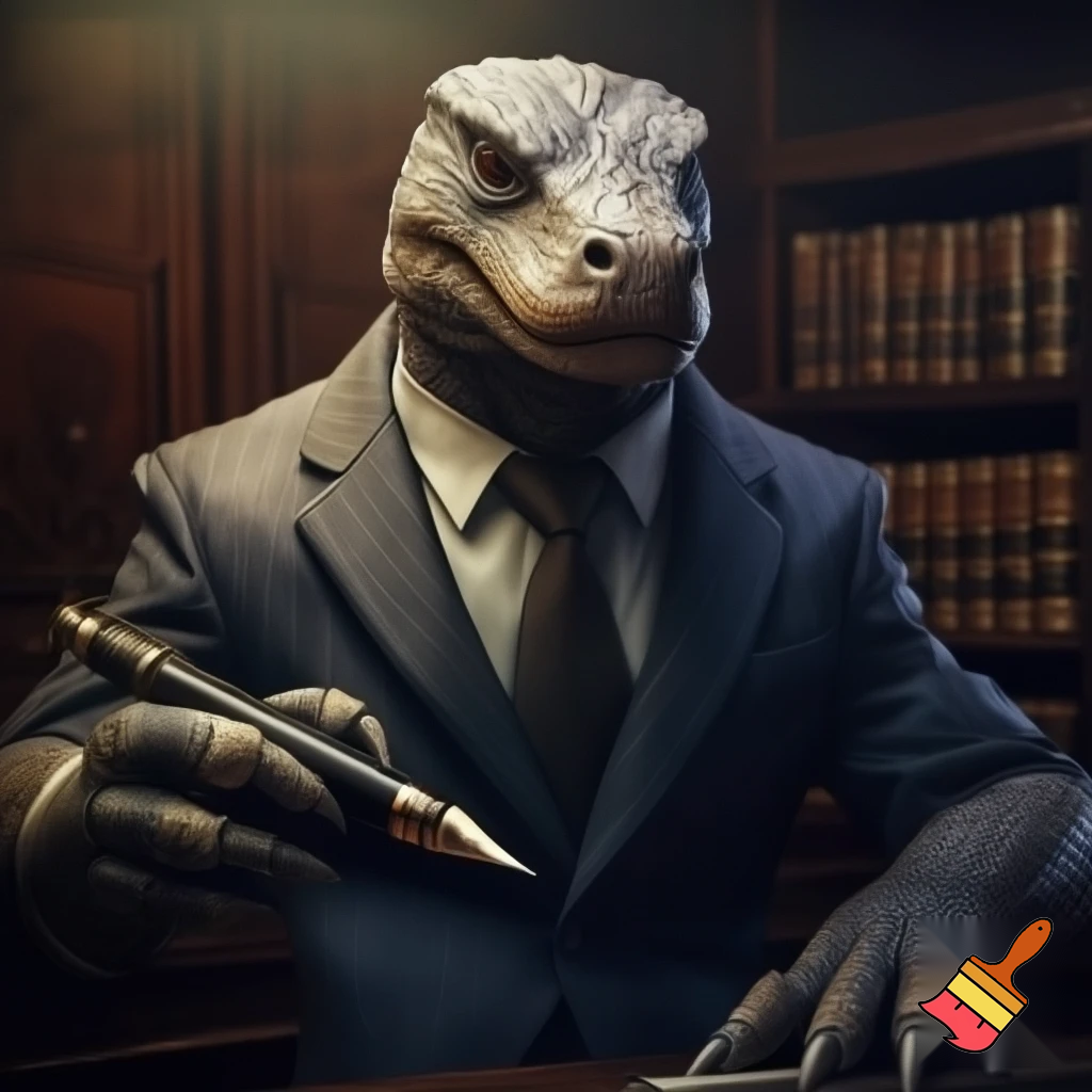 Half komodo Dragon half lawyer with over sized paying pen