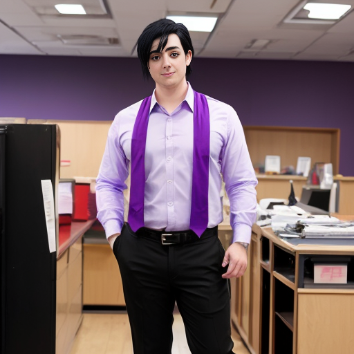 a anime tall guy with black hair purple eyes business pants anime.

 