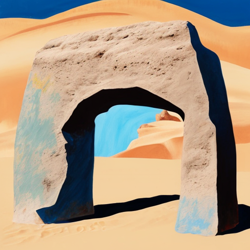 Paint the stones of a desert arch with multiple abstract figures in Tanguy and Matisse style