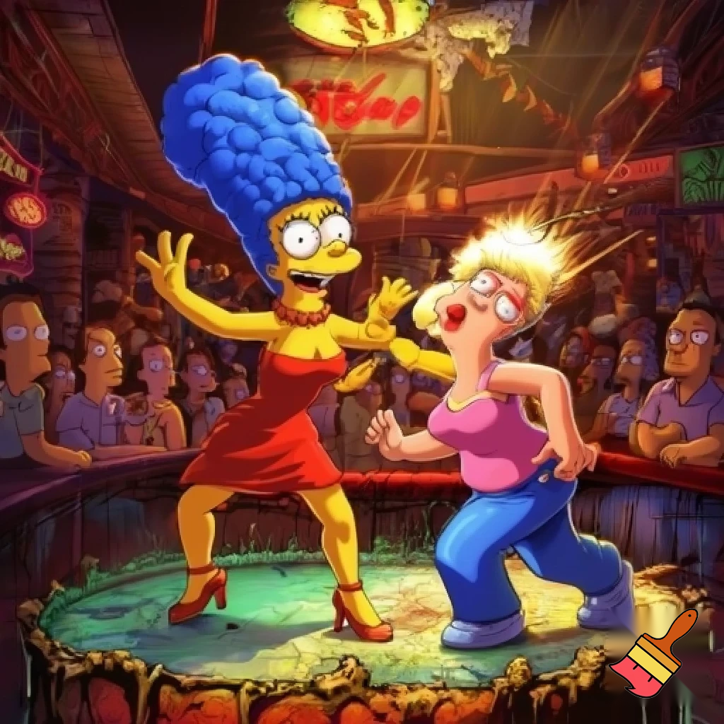 Marge Simpson and Lois Griffin dancing at the drunken clam