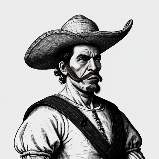 Illustration of a muleteer (arriero) from Don Quixote.
Rough man, strong, angry expression.
Simple rural clothes, muscular arms.
17th century Spain.
Classic illustration style, dramatic but educational.
White background for infographic.

