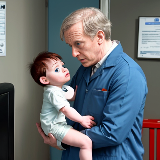 cartoon baby boy not smiling being checked on by the doctor

