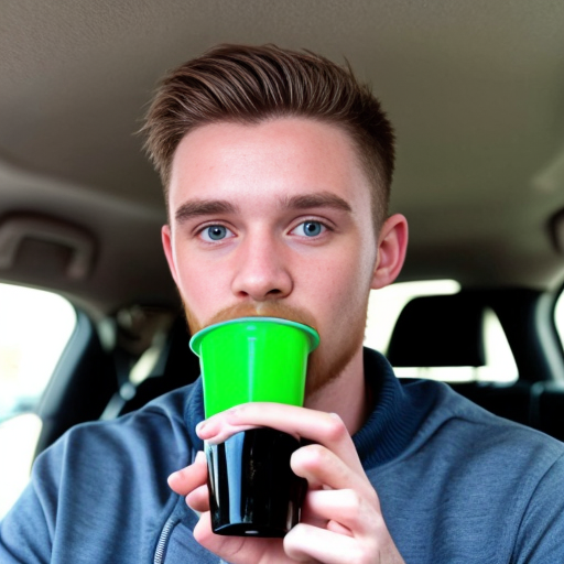 generwate an image of conor macmanus from ireland brown hair 5 ft 6 and from blackrock colage and with a blue quater zip first year driving a ferrrari car no helmet still wearing the quater zip wereing a quaterzip drinking matcha