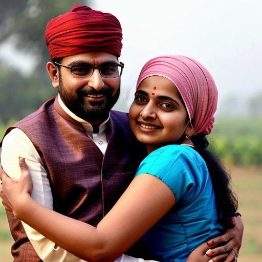 A Hindu Brahmin women in saree with slim muslim man wearing muslim cap Happy tight hug 