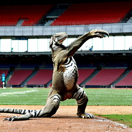 Half white tiger half komodo Dragon fighting over meat in Stadium