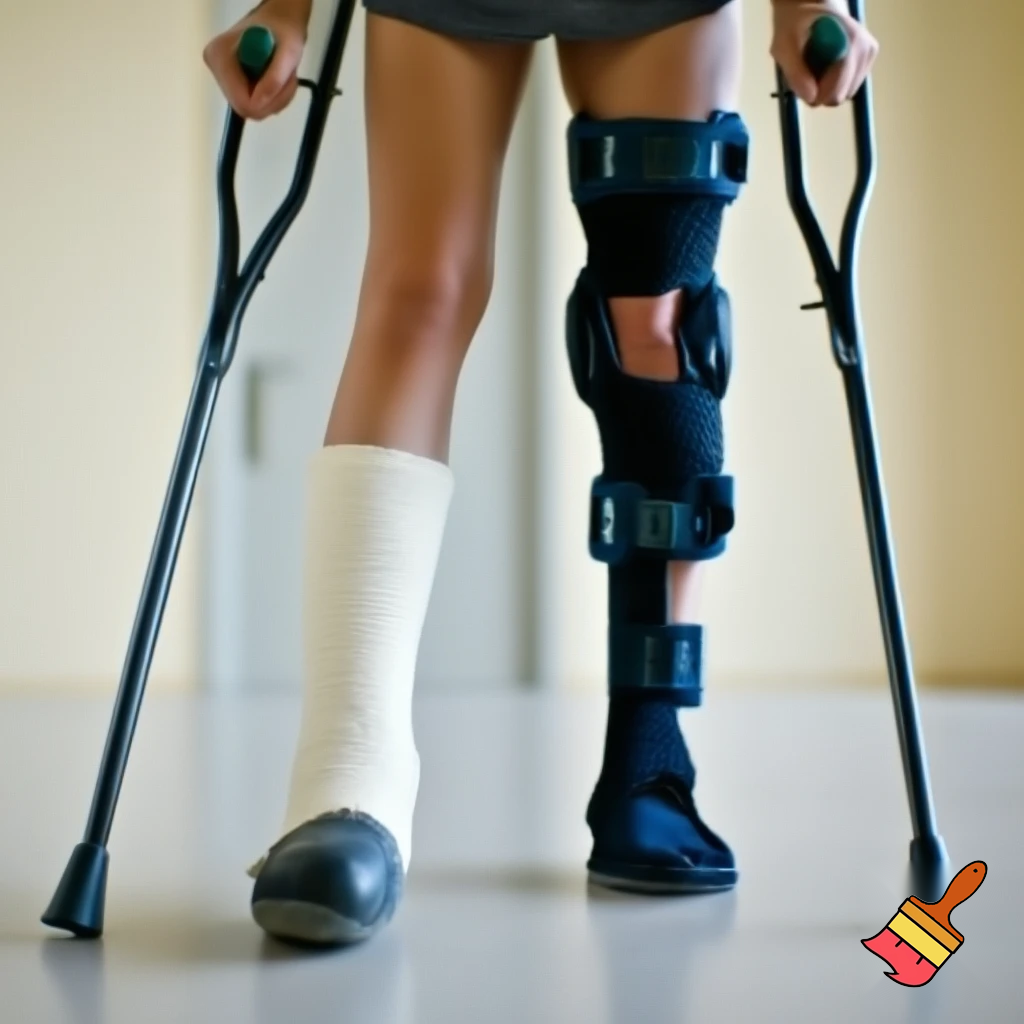 Young woman toe surgery post op shoe on her left foot and on her left knee is a ACL knee brace and her right leg locked in a long leg cast she stands up with crutches 