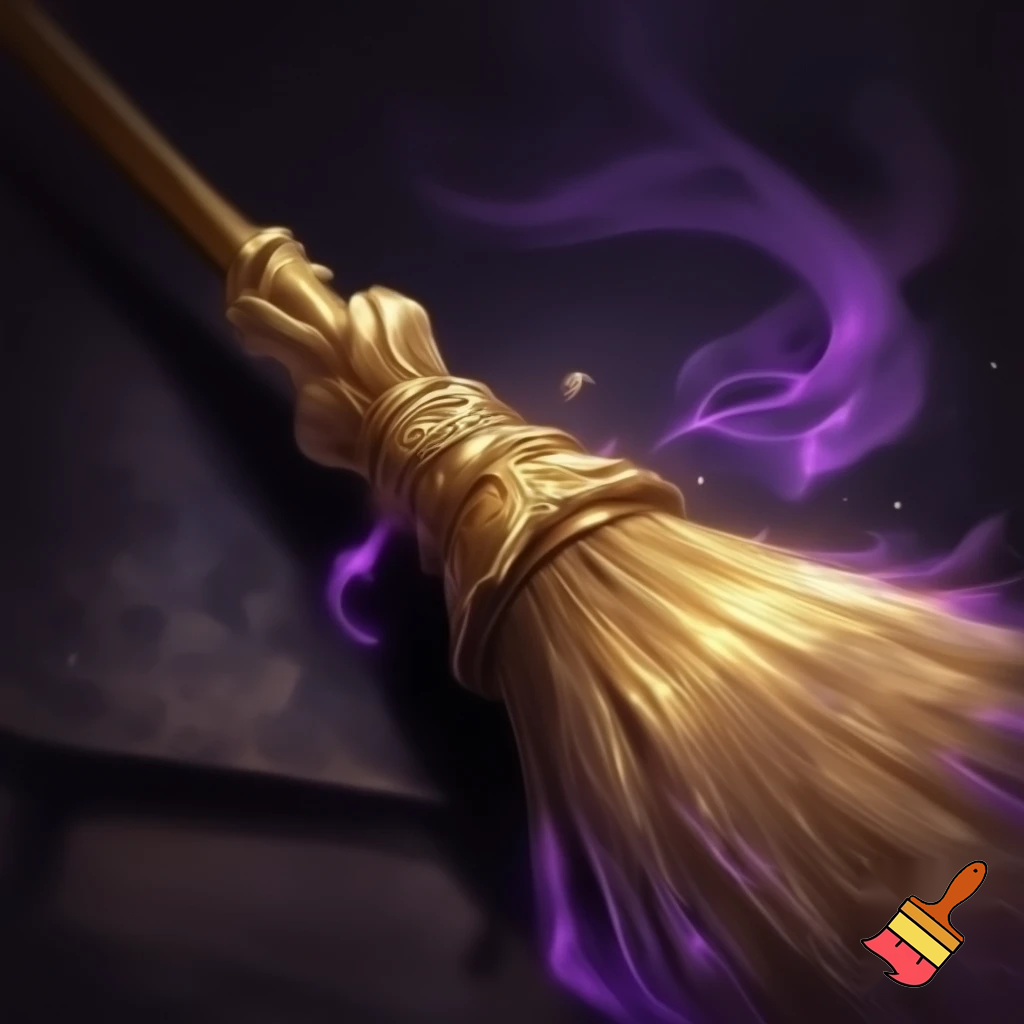 Broomstick, gold broomstick and purple