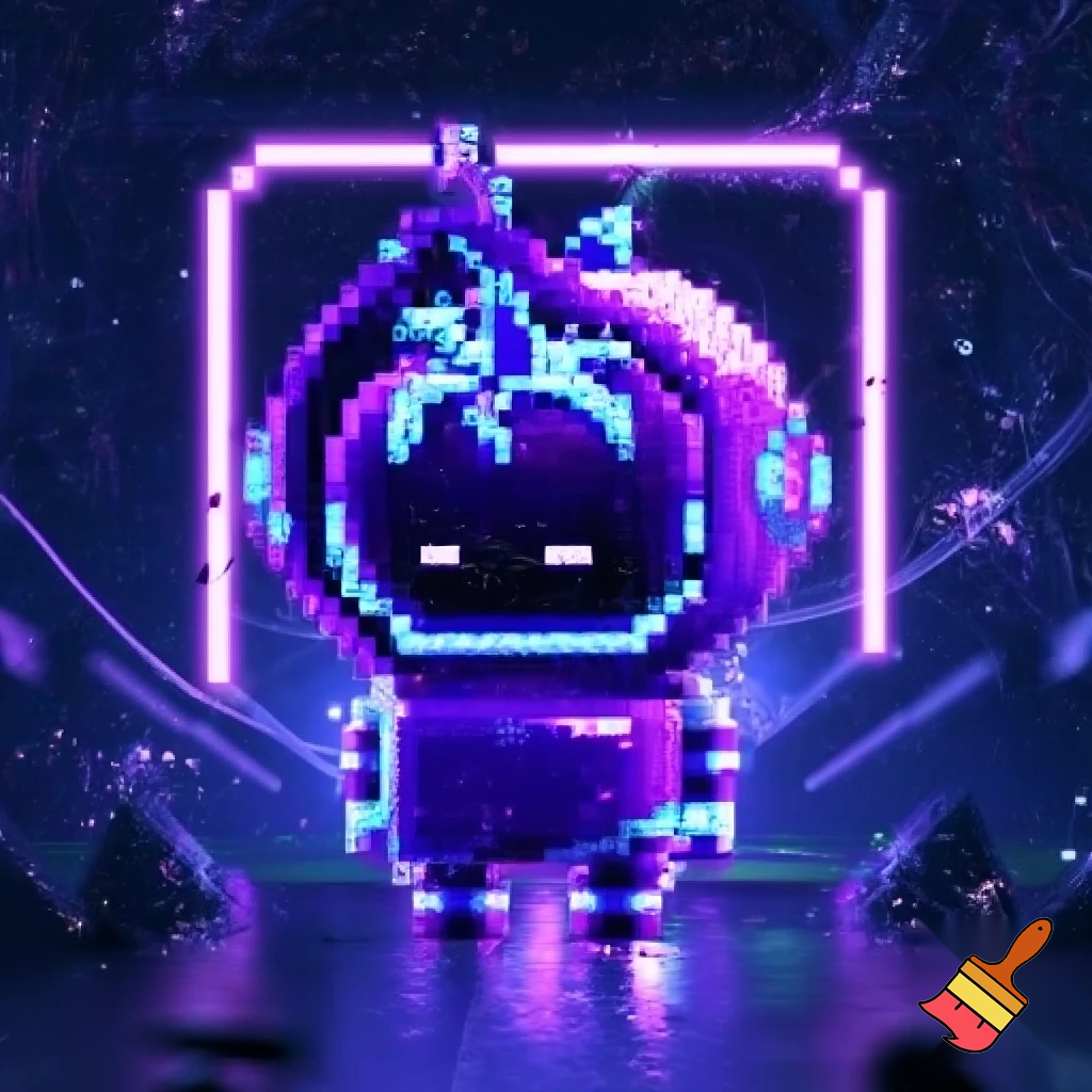 A futuristic, neon violet-blue scene featuring a pixel-style astronaut tomato as the main character. The tomato astronaut wears a glowing hooded suit with bright violet-blue LED accents. The background is illuminated with soft neon frames and cyberpunk lighting. The character has a mysterious, calm expression, glowing eyes, and a slightly pixelated texture. The overall vibe is high-tech, cosmic, and vibrant, with strong violet and blue tones.
