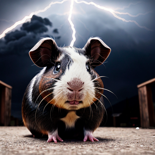 teddy the guinea pig is round in an epic pose with Elbrus on its back as part of its body, with blue neon eyes and atomic breath in the clouds and thunderstorm, with cinematic lighting for drama