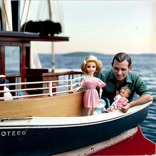 vintage barbie doll , her husband , children ,and baby on the deck of the titanic