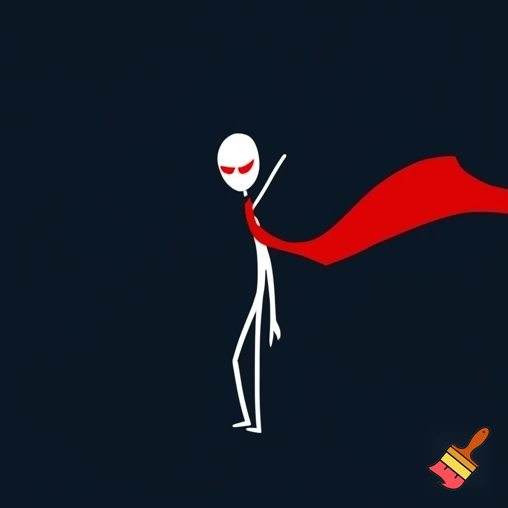 Minimalist stickman character, pure stickman style. White skin, no nose, no hair. Intense glowing red eyes without pupils. Thin rectangular body. Very thin stick arms and legs, with hands and feet slightly larger than the limbs. Wearing a very long red scarf flowing dramatically. A sword on the back. Simple clean lines, flat colors, high contrast white and red, dark minimalist background.