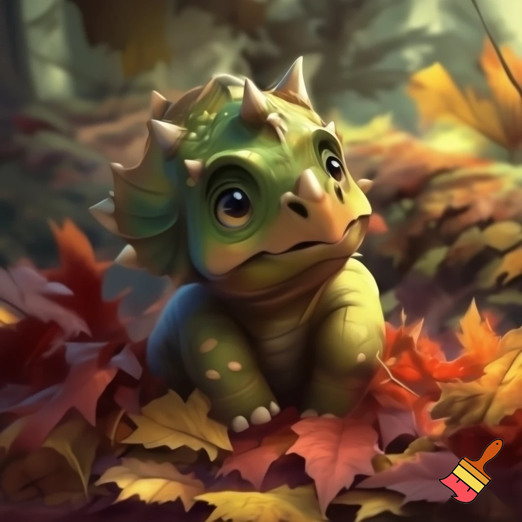 Draw a cute baby triceratops In the wild covering his head in a pile of leaves 