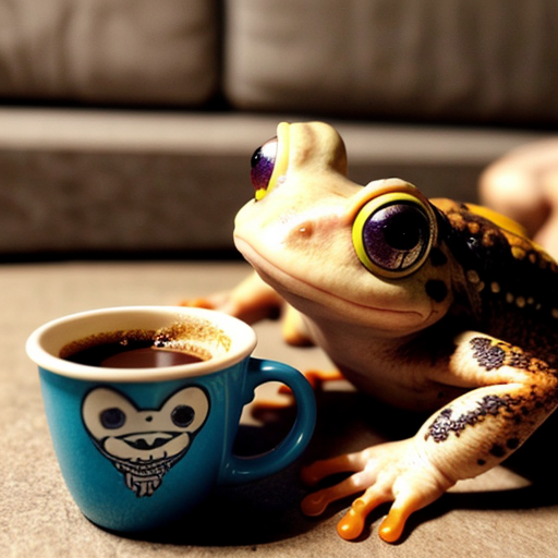 A hillarious, funny boho toad with some hippie colored coffee cups. Psychedelic decorated background, hyperrealistic. Close-up view.