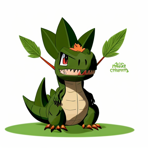 Faz um pokémon dinossauro adolescente dos tipos planta e lutador, faz ele com uma folhinha na cabeça e um pouco inspirada no charmeleon