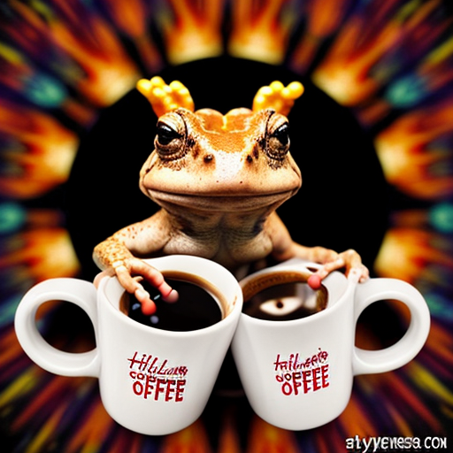 A hillarious, funny boho toad with some hippie colored coffee cups. Psychedelic decorated background.