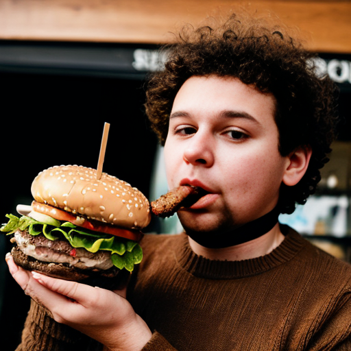 Barna tüskés kissé elvis kunkoros hajú minimálisan kövér fiú sárga tádzsik juh gyapjú puloverben nyak nélküli összeérnek szemei de van elválasztó hamburgert eszik és 2D-s legyen