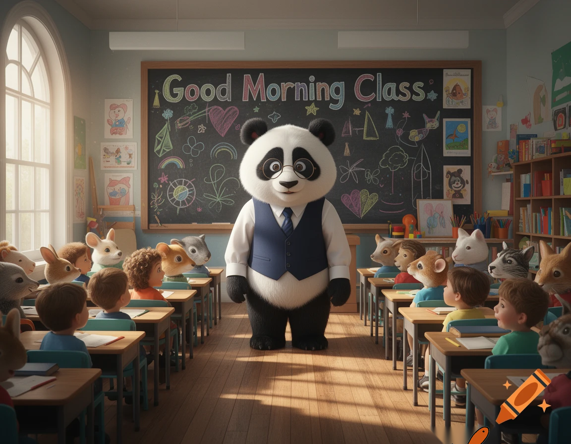 a panda teacer cheking if eveone is here in school
