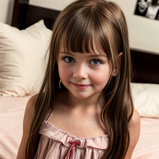finnish little girl at night dress, very beautiful and eager, long brunette hair, on the bedroom, brown eyes, close up
