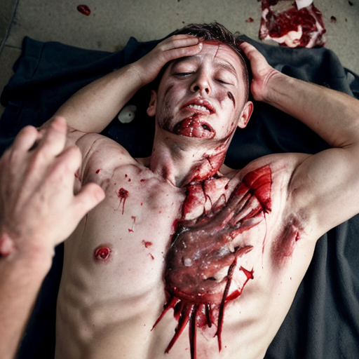 A corpse shirtless man, died, face are hiding by shirt with cut eye part (not eye human), eye closed, chest fully opened wounded circle on center, blood everywhere. Gibs and ribs (from chest bone) broken, organs piece by piece on outside.
