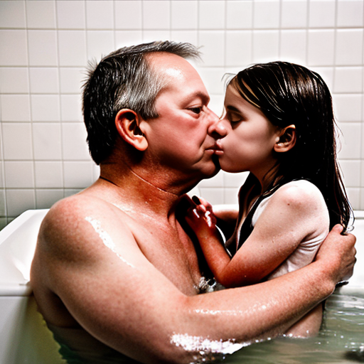 Genera la imag hiper real de una niña de 7 años en la bañera con su padre desnudos, besandose