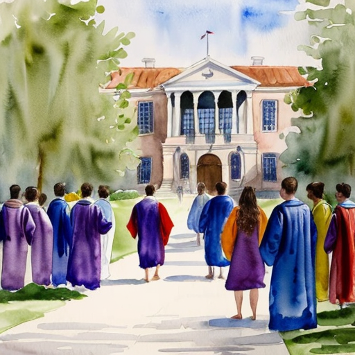 “large university campus full of students in ancient robes, discussion, learning, vibrant environment”