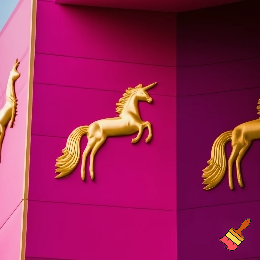 building with walls painted bright pink and magenta with golden unicorn motifs 