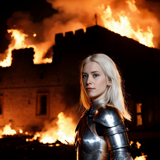 young white-haired woman in armor stands in front of a burning castle into which meteor are falling